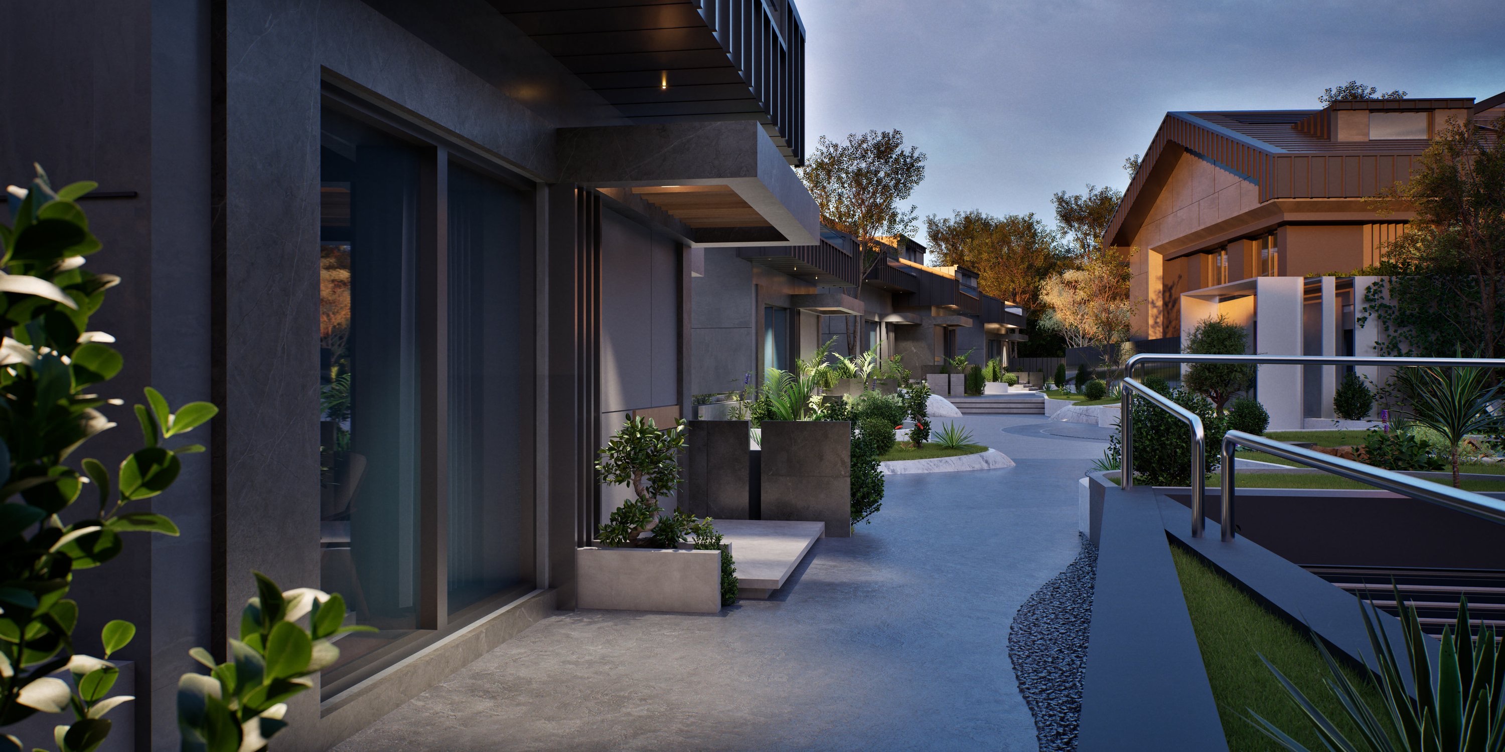Akşamüstü alacakaranlıkta ışıklandırılmış villa dış cephe renderı
