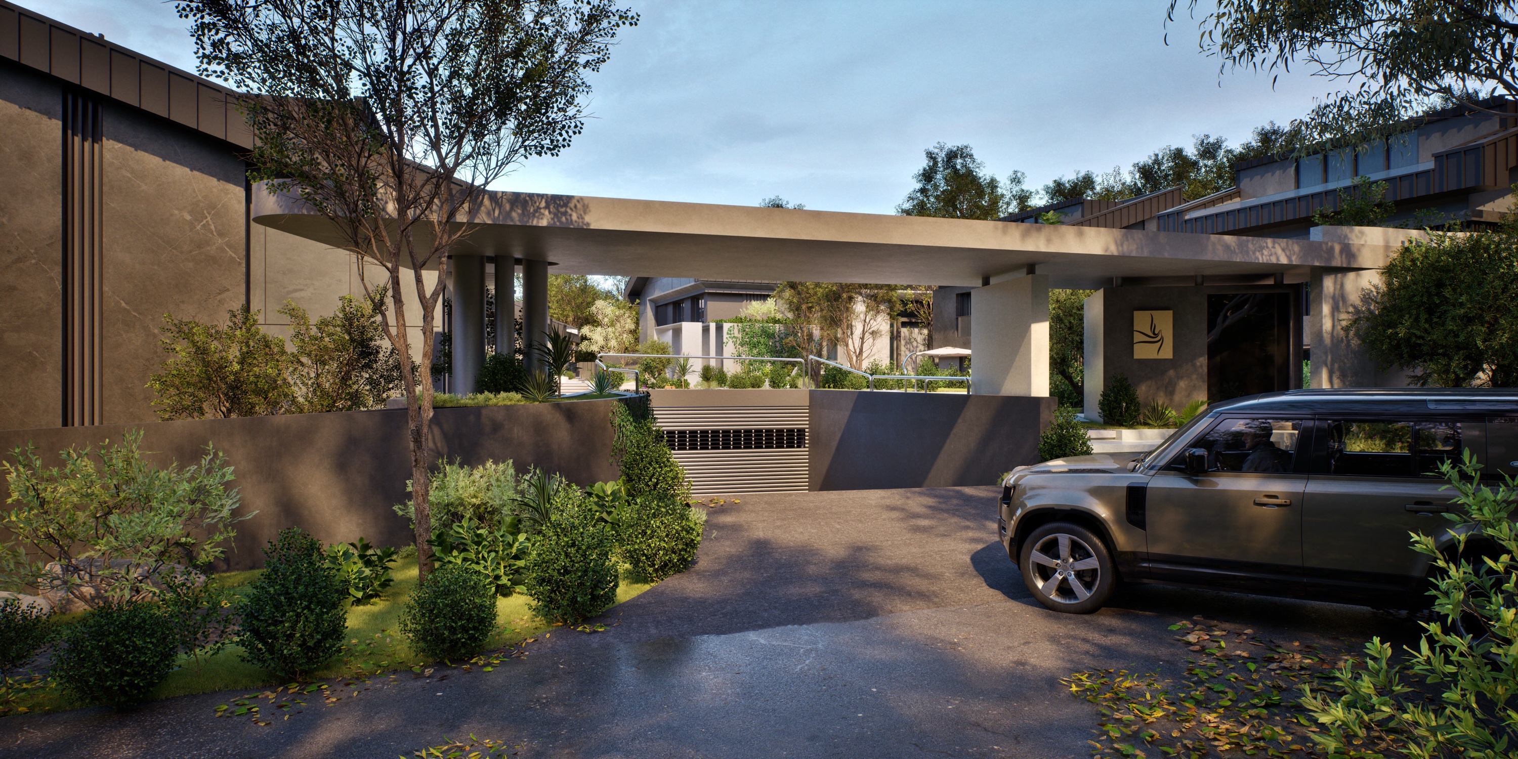 Luxury villa exterior render at sunset golden hour